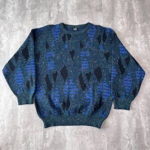 Vintage Mode Monte Carlo Sweater Mens M Blue Abstract Geometric Grandpa Knit 90s